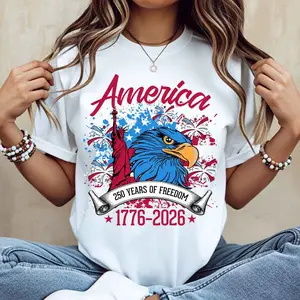 America Eagle And Statue Of Liberty Print T-Shirt White Crew Neck Casual Tee For Independence Day Celebration