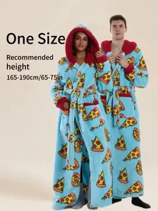 Luxurious Full-Print Pizza Hooded Bathrobe, Elegant Waist Belt & Large Pockets, Unisex, Soft & Thick, Home Essential