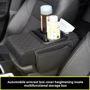 Waterproof Nappa Leather Car Armrest Box Height Pad with Tissue Dispenser & Cup Holder,  4-in-1 New Model Central Console Organizer High-End Car Storage Box with Armrest Elbow Pad,  Nappa Leather Multifunctional Car Armrest Box Heightening Pad