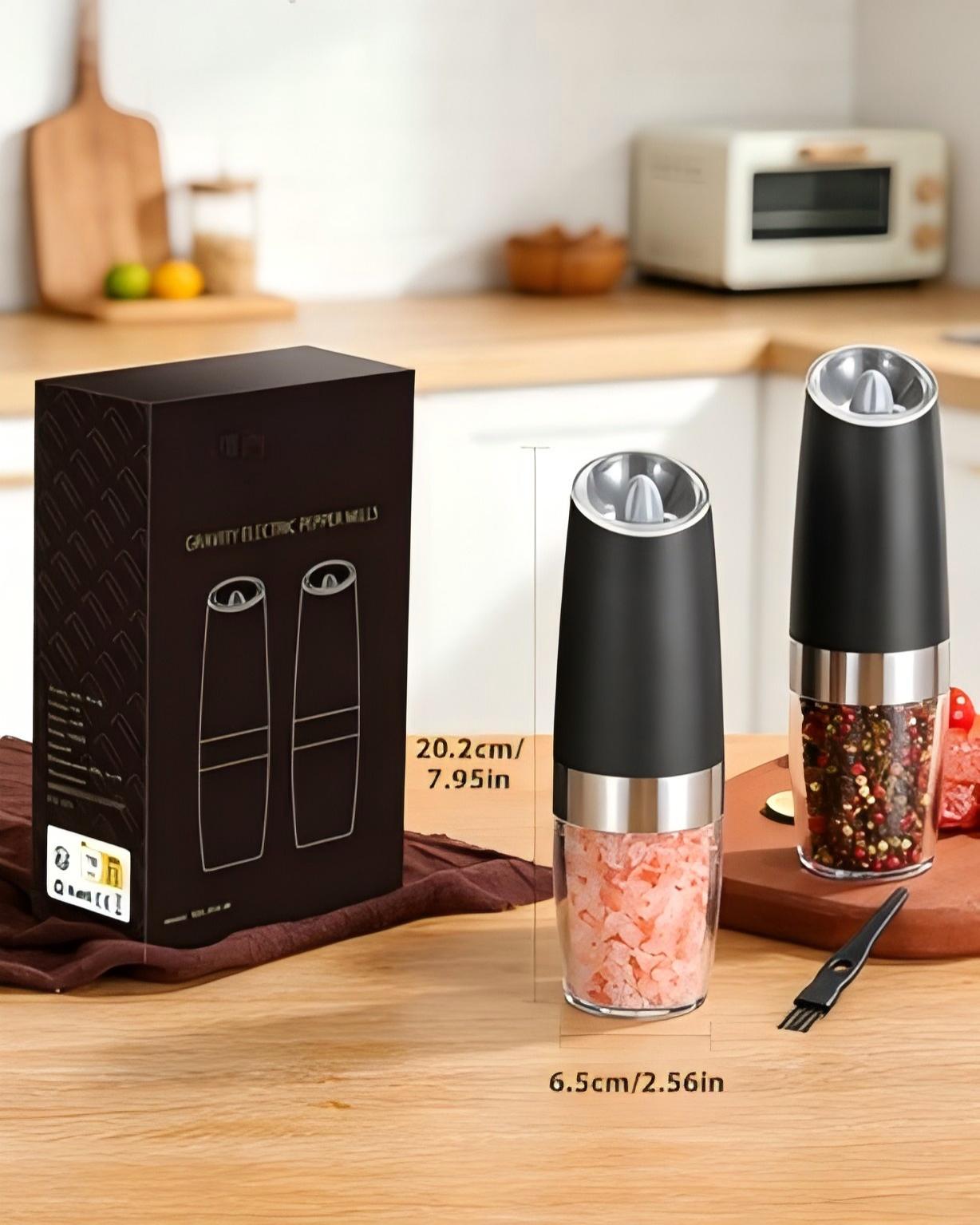 Gravity electric salt and pepper grinder set, automatic shakers mill with LED light, battery-powered, adjustable coarseness, one-hand operation, upgraded larger capacity.