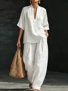 Women's Summer Linen V-Neck Half-Sleeve Solid Color Set, Fashion Loose-Fit Pocket Wide-Leg Pants, Comfortable Clothing Set