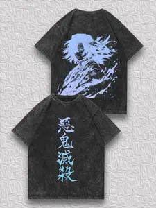 valentine shirts Men's Distressed Reversible T-Shirt - Demon Slayer Giyu Tomioka Ink Wash Style Dual-Sided Print, Niche Street Vintage Anime Unique Short-Sleeve Top