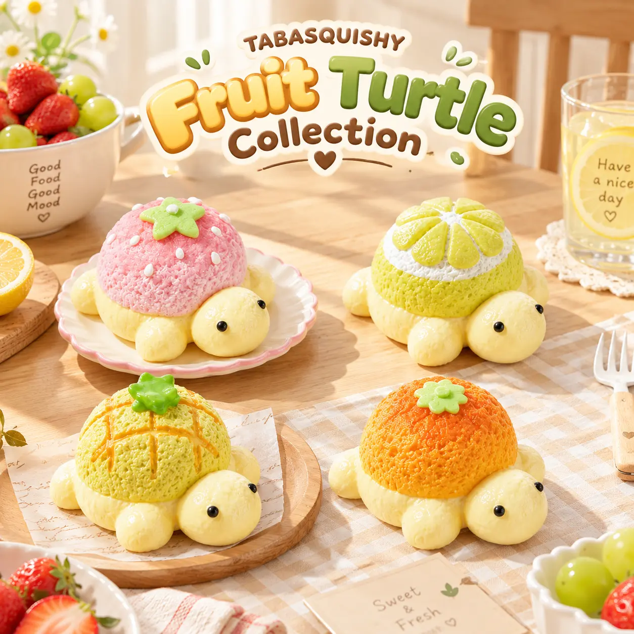 TABASQUISHY Handmade Fruit Turtle Shapes Squishies Set, 4-Style Kawaii Slow-Rising Tortoise Fidget Toy, Stress Relief Back to School Backpack Charm Collectible Gift