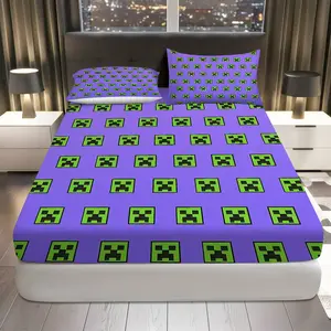 3Pcs Gaming Creeper Purple Fitted sheet Three Piece Set (1*Fitted Sheet+2*Pillowcases, Coreless), Fun theme, Minecraft Bedding Set, Mattress protector Soft, Breathable