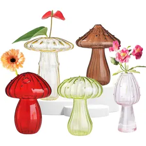 5 PCS Mushroom Shaped Glass Vase, Planters Clear Hydroponic Vase, Flowers Plants for Decorative Centerpiece,Table Decor,Home Wedding Party (5 Color)