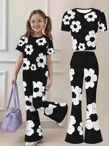 Girls' Fashion Floral Print Short Sleeve Top and Bell Pants Set, Casual Comfortable, Toddler Clothing