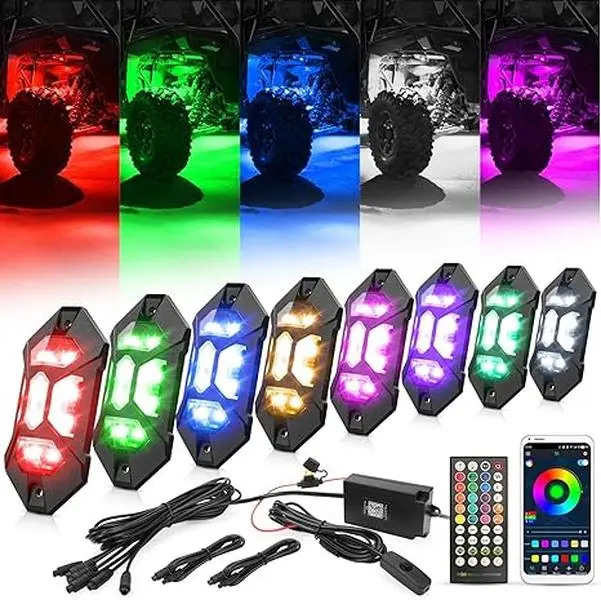 8PCS RGB LED Rock Lights Kit – 16 Million Colors, Multi-Mode, IP67 Waterproof, Remote Control, Off-Road & Underglow Lighting for Car/Truck/ATV/Boat