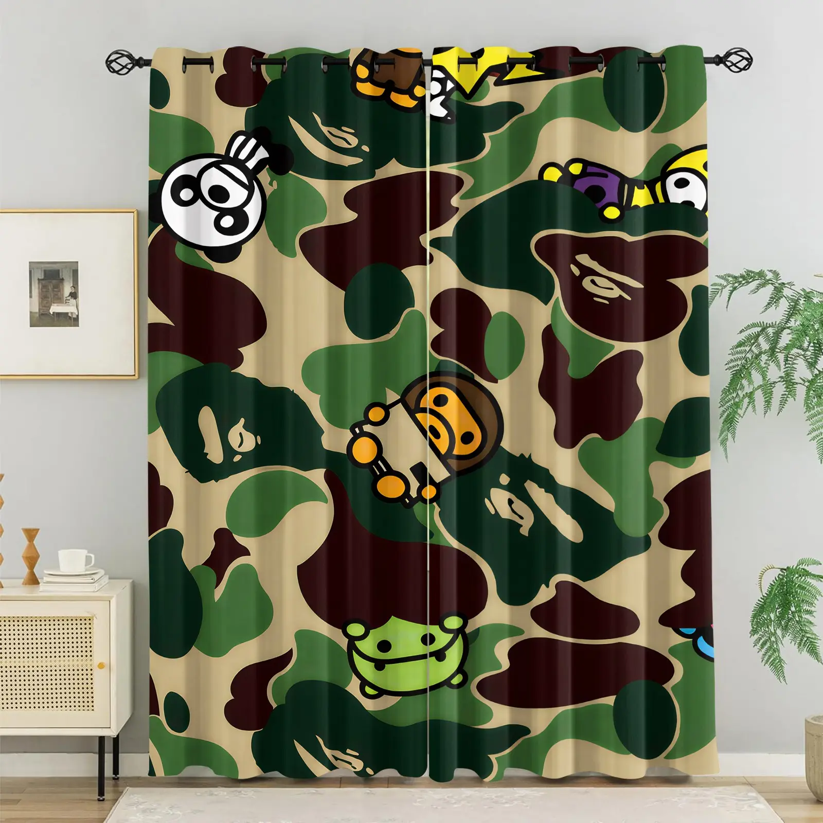 Green Camo Cartoon Characters Blackout Grommet Curtains - Home Decoration Curtain, Home Decorative Curtain, Breathable Polyester, 85% Light Blocking, Noise Reducing, Thermal Insulated, Window Drapes for Kids Bedroom, 2 Panels