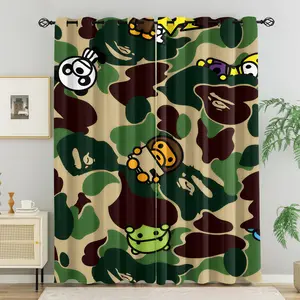Green Camo Cartoon Characters Blackout Grommet Curtains - Breathable Polyester, 85% Light Blocking, Noise Reducing, Thermal Insulated, Cute Streetwear Window Drapes for Kids Bedroom, 2 Panels