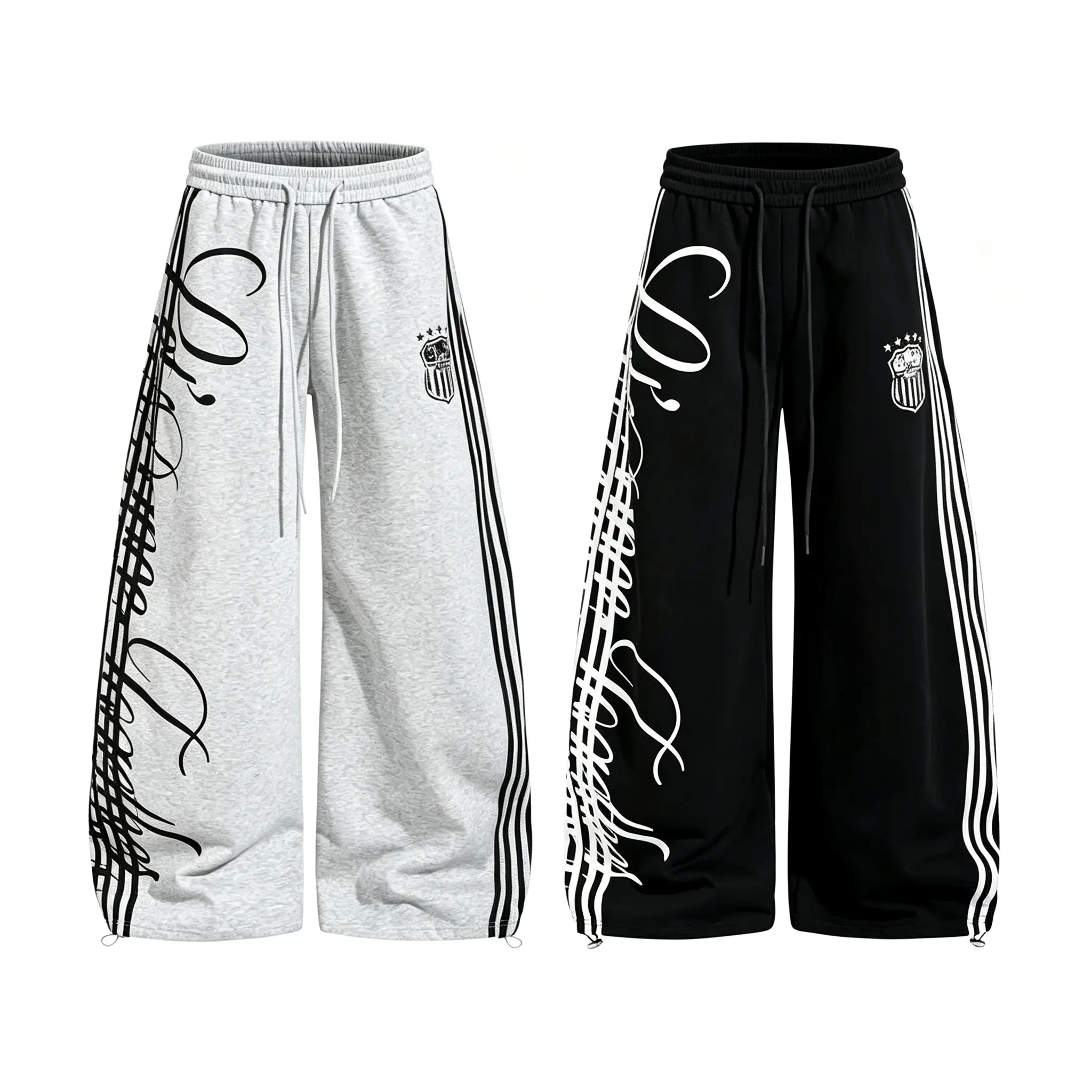Men’s side stripe wide-leg sweatpants with drawstring waist and script graphic print, loose casual hip hop streetwear jogger pants