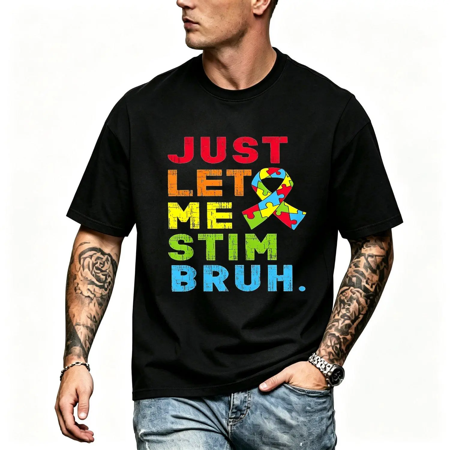 Just Let Me Stim Bruh Bro Autism Awareness Men's Short Sleeve Sports T Shirt Comfortable Fit Gift  Athletic Casual