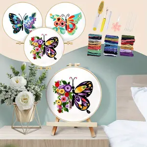 Butterfly Floral Embroidery Kits for Beginners Adults, 3 Sets Stamped Cross Stitch Practice Kits for Starters, DIY Hand Embroidery Kits with Hoop, Instructions, Colored Threads and Needles
