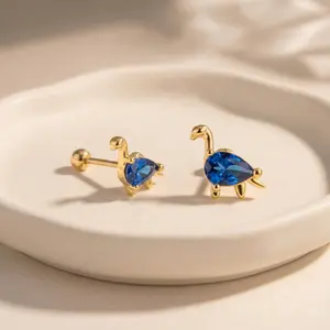 Gold Dinosaur Blue Stone Earring, Blue Teardrop CZ Dino Stud, Cute Animal Helix Tragus Piercing Jewelry, 14K Gold Plated Barbell Earring, Sparkly Blue Gem Ear Stud, Kawaii Dinosaur Earring for Women Girls Gift