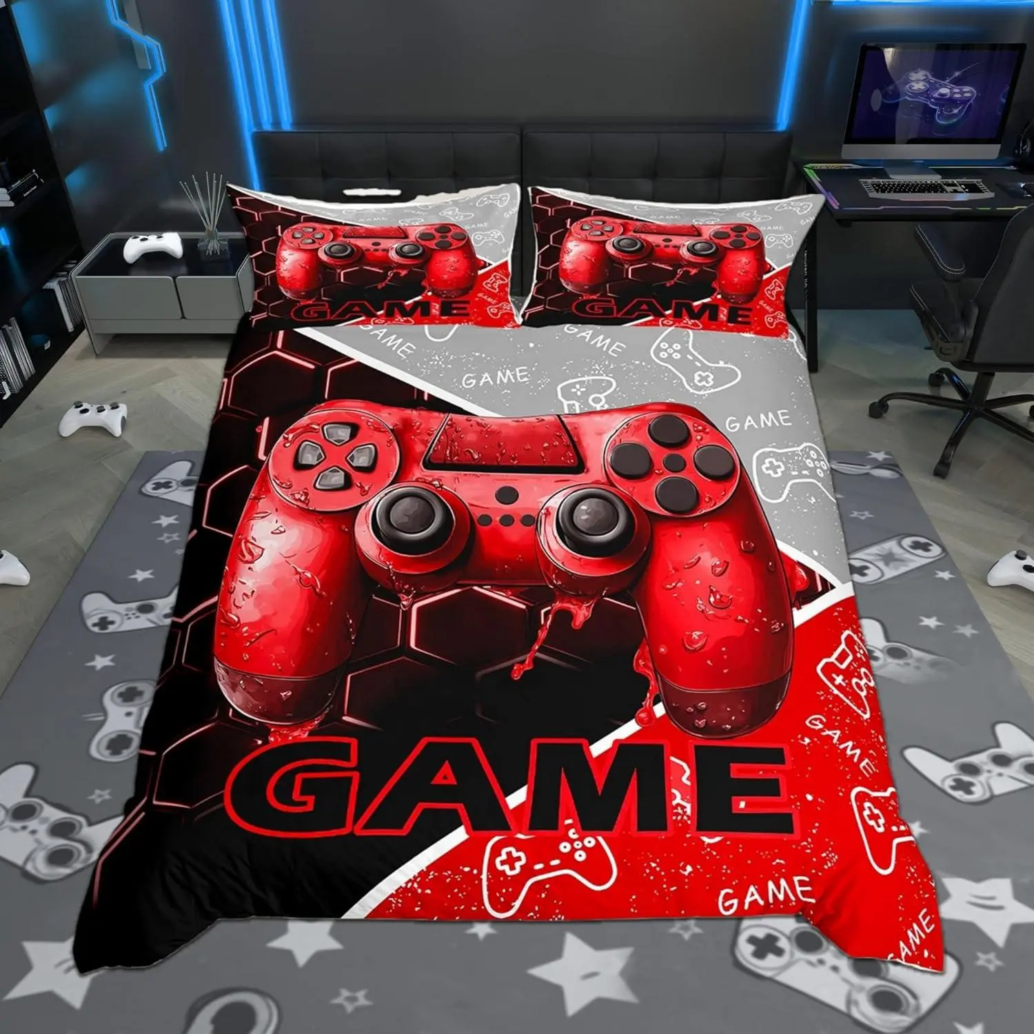 Game Consoles Bedding Set,Toddler,3D Gamepad Gaming Sports Gamer Gifts Reversible Duvet Cover for Kids Bedroom,Red Neon Hexagon Patchwork Quilt Cover,(No Comforter)