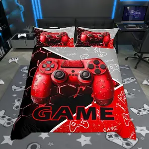 Game Consoles Bedding Set,Toddler,3D Gamepad Gaming Sports Gamer Gifts Reversible Duvet Cover for Kids Bedroom,Red Neon Hexagon Patchwork Quilt Cover,(No Comforter)