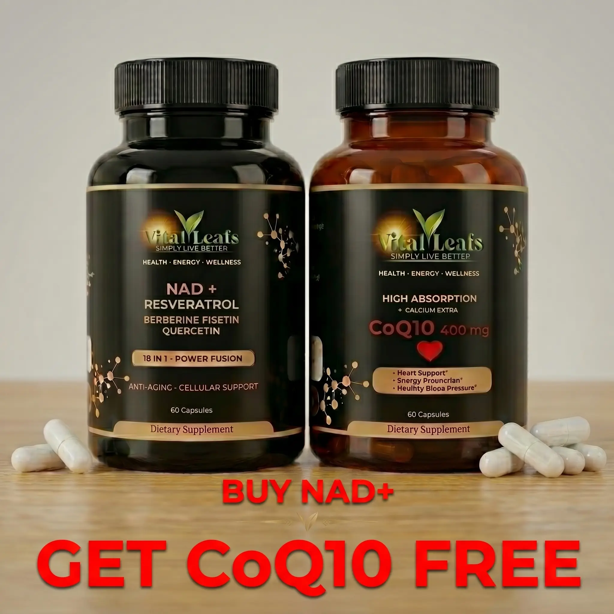 Vital Leafs Liposomal NAD with Resveratrol, Berberine | Advanced Longevity, Gluten Free | Fisetin, Quercetin & Vitamin D3 K2 | Cellular Energy & Aging Support | 2 Bottles, 120 Capsules