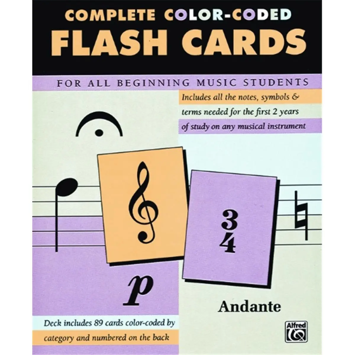 Alfred Color-Coded Flash Cards with Music Book - 89 Pieces, Colorful Cards for Studying, Learning Tool for Beginning Music Students' 1st-2nd Year Study, Includes All Notes, Symbols & Terms, Flash Cards For Studying