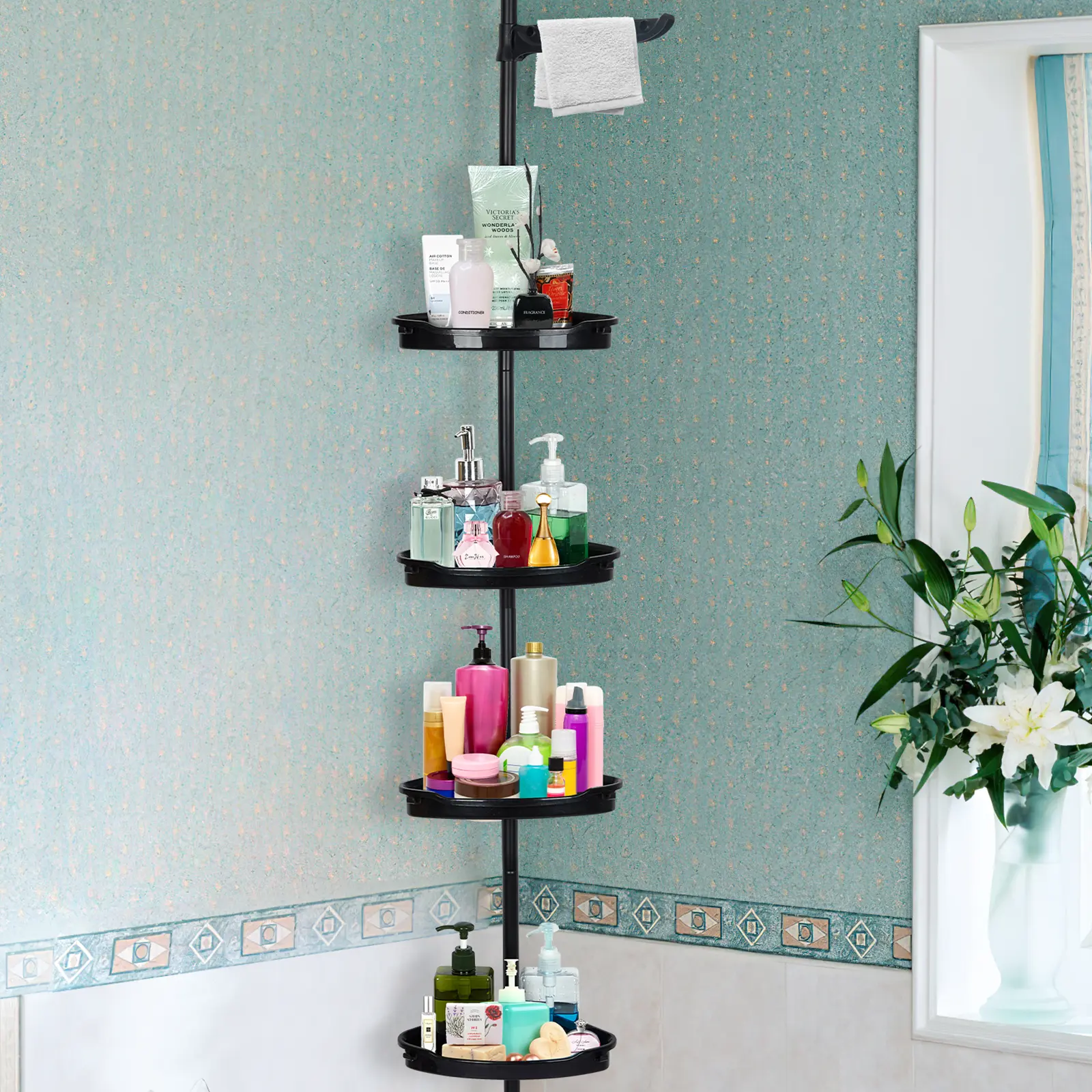 Heavy Duty Stainless Steel Multi-Piece Shower Organiser, Rust-Proof Corner Tension Pole Caddy with 4-Tier Adjustable Shelves, 101.6-122in No-Drill Bathroom Accessories with Rubber Pads, Plastic Soap Holder, Easy Installation Bathtub Storage