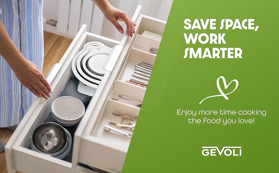 Space-saving collapsible colanders stored in kitchen drawer