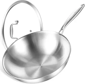 DELARLO Whole body Tri-Ply Stainless Steel 12.5 inch wok Pan With steel cover, Oven safe induction Stir-Fry Pans(5QT) skillet,Suitable for All Stove