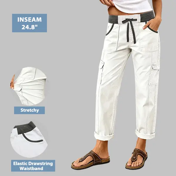 Flamingals Drawstring Roll Hem Stitch Detail Mid Waist Straight Leg Crop Pants Stretchy 24.8'' Inseam