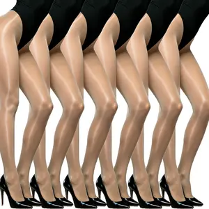 6 Pairs Shiny Sheer Tights for Women, High Waist Silk Comfort Stockings, Oil Shimmery Nylon Pantyhose Silky Spandex Elastic Dressy Legwear for Everyday & Formal Outfits