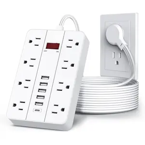 10 Ft Long Extension Cord,Power Strip Surge Protector  Flat Plug with 8 Widely Spaced Outlets 6 USB(1 USB C Port), Wall Mount  Station for Home and Office,White