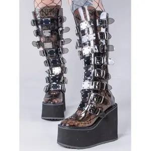 Women's Black Transparent Round Toe Wedge Platform Belt Buckle Stage Party Boots