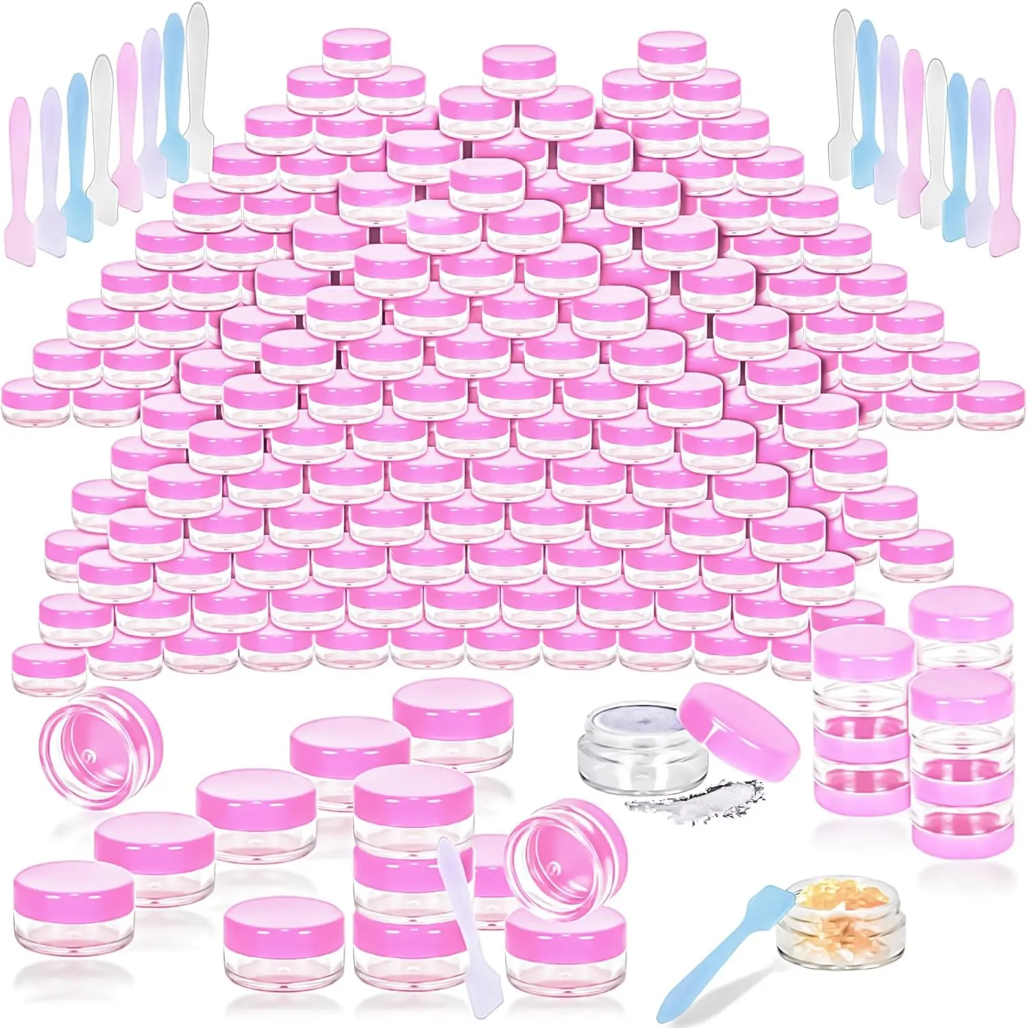 100 Pcs 5g Empty Plastic Containers with Colored Lids,Mini Makeup Sample Containers, Small Sample Pot Jars Round Cosmetic Jars with Mini Spatulas for Liquid Sample Powder Creams Lotions