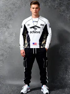 Unisex Racing Style "Achieve" Camo Sleeve Sweatshirt, Number 23 Motocross Crewneck, Perfect For Streetwear & Outdoor Casual Wear，Men's Vintage Motorsport Camo Panel Sweatshirt, "Free Achieve" Graphic Long Sleeve Top, Ideal To Match With Cargo Pants & Snea