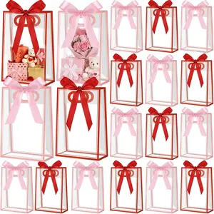 24 Pcs Mother's Day Clear Gift Bags with Handles 10.2 x 7.08 x 3.15 in Red Pink Reusable Treat Bags with Ribbons Goodie Gift Wrap Bag for Valentine Parties, Birthday, Wedding Supplies