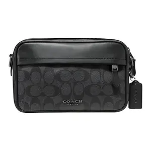 COACH Graham 24 Classic Monogram Zip-Top Camera Bag, Medium, Men's Crossbody Shoulder Bag, Black and Gray