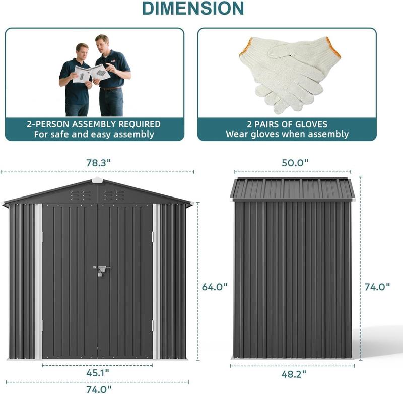 【2 Packages Shipping】Gizoon Outdoor Storage Shed 6 x 4 FT, Galvanized Metal Garden Shed with Double Lockable Doors, Outdoor Storage Clearance for Backyard Patio Lawn-Dark Grey