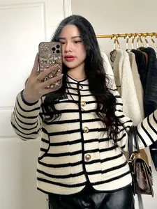 Striped Black & White Cardigan with Gold Button