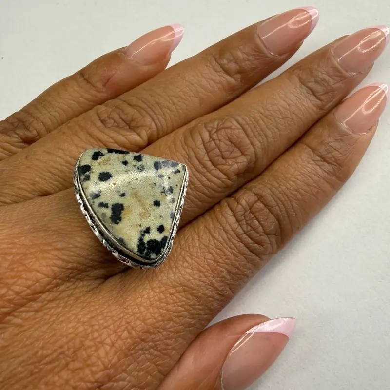Women's Triangle Dalmatian Jasper Silver Fine Ring, Stylish Jewelry Accessory