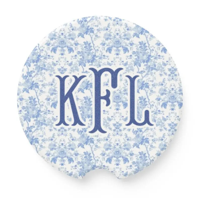 Toile Blue Custom Monogrammed Car Coaster Coquette Personalized Coaster, Grandmillennial Decor, Preppy Coaster, Custom Cottagecore
