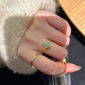Vintage Blue Opal Jewelry Set Gold Plated Ring & Earrings for Women Elegant Fashion Accessories