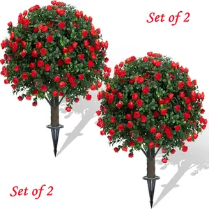 Artificial Rose Topiary Outdoor Plants with Ground Spike Decoration 22" UV Resistant Faux Boxwood Flower Shrubs Decorative Fake Realistic Trees Bush for Front Porch Garden Ornaments Set of 2 Items Gifts Fruit Pot Nature artificial cedar topiary tree porch