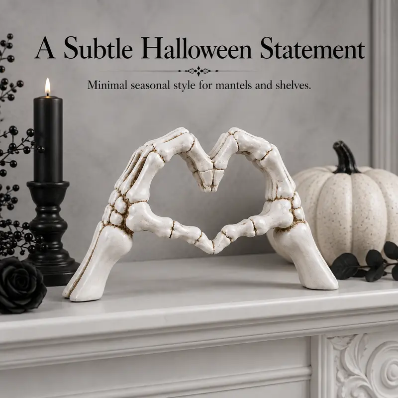 Halloween Gothic Skeleton Hand Heart Decor, Spooky Resin Figurine, Dark Romantic Halloween Decoration for Desk, Bookshelf, Tabletop & Home
