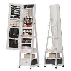 360° Swivel Full Length Mirror Jewelry Armoire with LED Lights, Lockable Standing Jewelry Cabinet Organizer with Rear Storage Shelves & Wheels, White