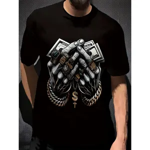 Men's Polyester 3D Digital Print T-Shirt with Dollar and Rings Graphic, Crew Neck, Slight Stretch, Casual Knit Fabric Tee