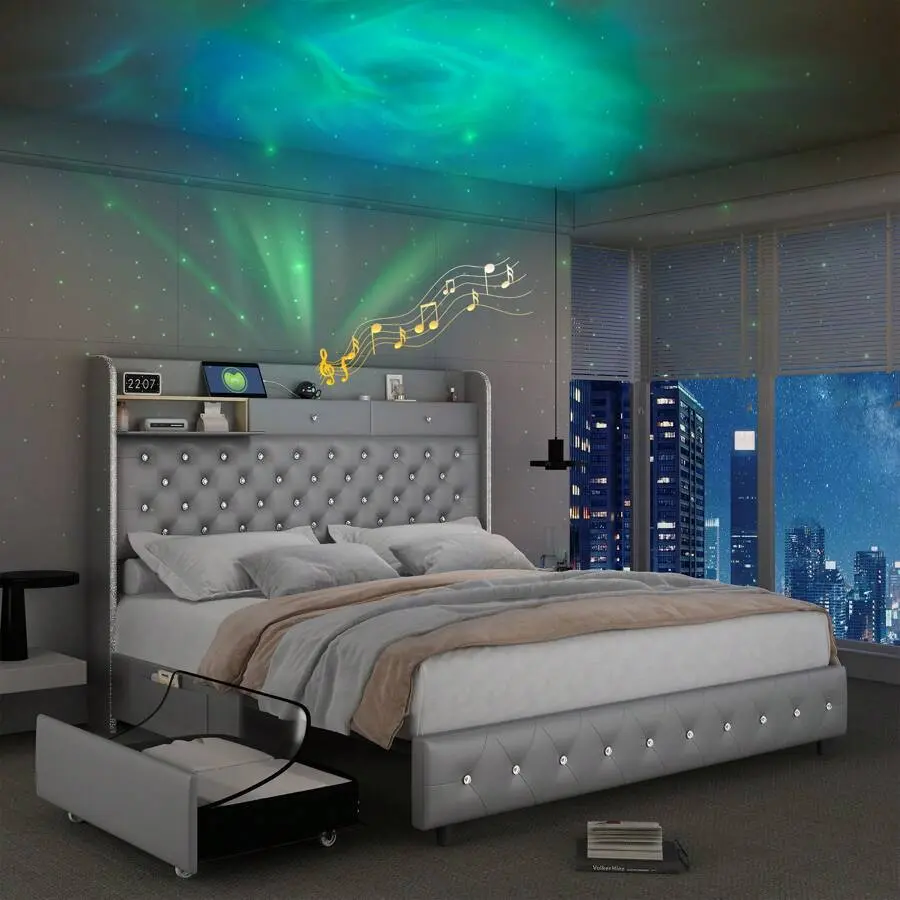Queen Led Bed Frame With Galaxy Aurora Star Projector, Full Size Platform Bed With 2 Removable Storage Drawers, 52"   Crystal Button Tufted Upholstered Headboard King Bed With Charging Station, Noise Free, No Box Spring Needed, PU Leather & Velvet