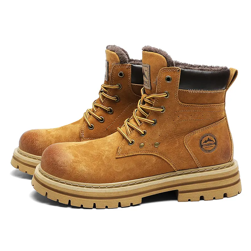 Winter Warm Fleece Waterproof Height Increasing Retro Workwear Couple Outdoor Hiking Shoes Commuter Warmth Yellow Boots Thick Sole Mid-Calf