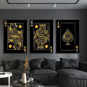 3-Piece Gold Poker Canvas Wall Art Set with Wooden Frame, Modern Art Design, Ideal Gift for Bedroom Decor, High-Quality Mdf Material