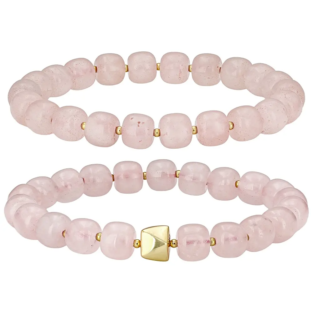 JTV Rose Quartz 18K Yellow Gold Plated Beaded Stretch Bracelet Set of 2