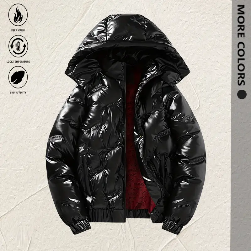 Men Shiny Puffer Jacket With Hood, Glossy Letter Embossed Winter Warm Zip Up Quilted Parka, Casual Thick Hooded Outerwear For Men