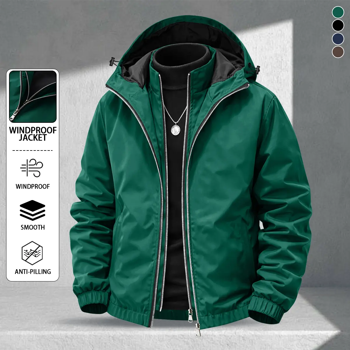 Men's stylish hooded jacket with double-layer zipper design, comfortable and skin-friendly fabric, non-pilling, windproof and abrasion-resistant surface suitable for daily casual sports and ideal for spring and summer wear.