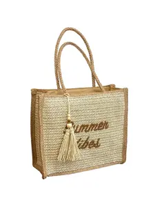 Straw Woven Tote Bag, Vacation Style Handbag, Large Capacity Beach Bag, Contrast Straw Bag, Wood Pearl Fringe Shoulder Bag