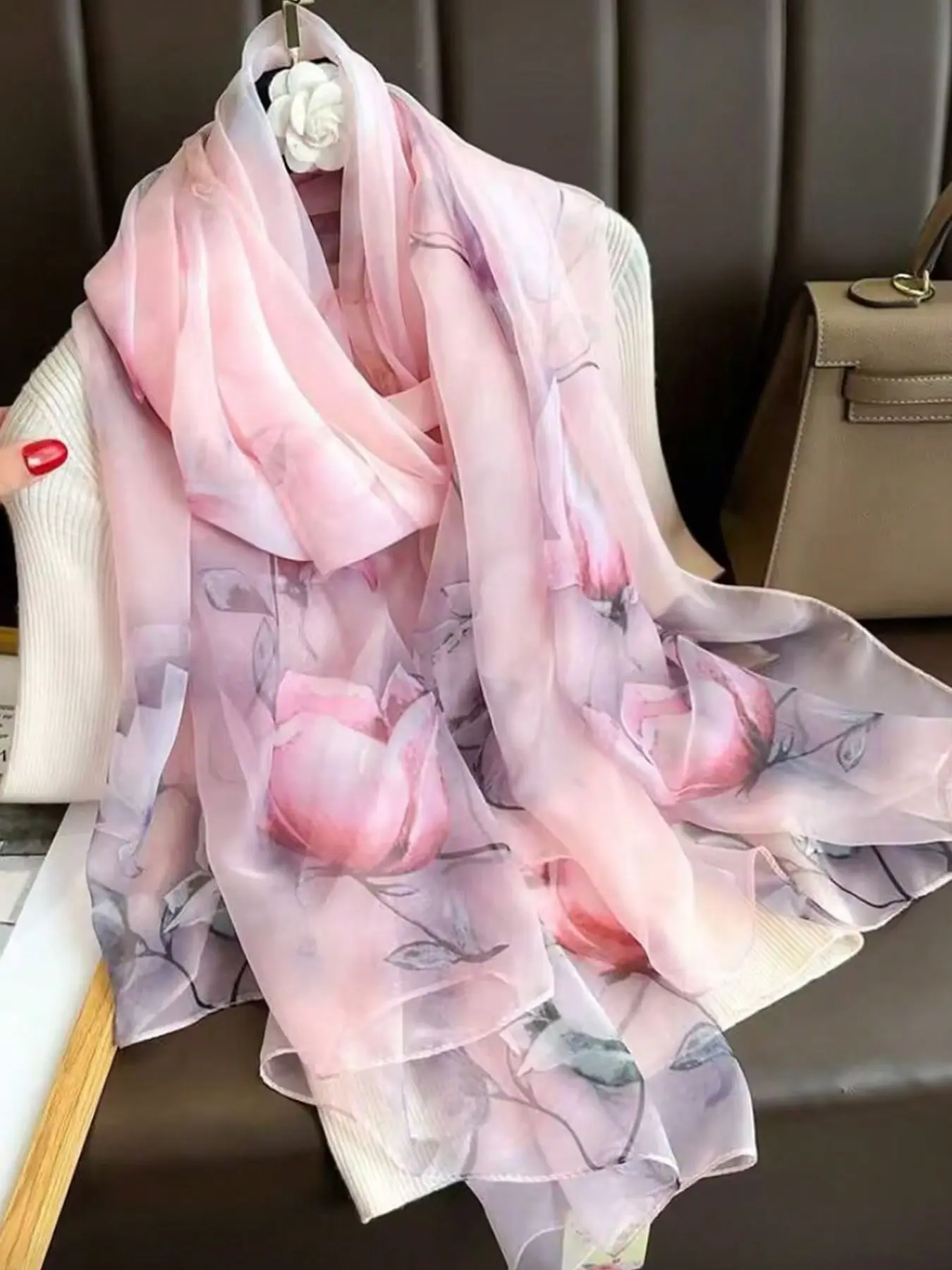 New Fashion Spring/summer Women Floral Printing Large Shawl, Beach Silk Scarf, Long Wraps, Sunscreen Hijab, Elegant Loose-Fitting, Floral Pattern Shawl