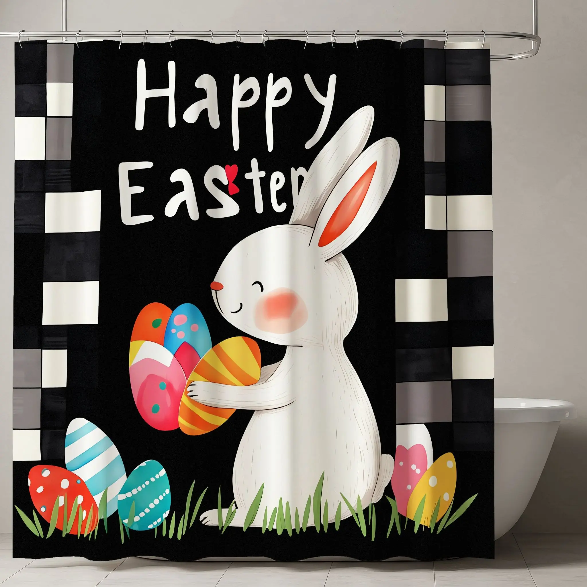 Festive Easter Shower Curtain, Cute Cartoon Rabbit, Ears, Colorful Eggs, Happy Easter Design, Spring Bathroom Decor